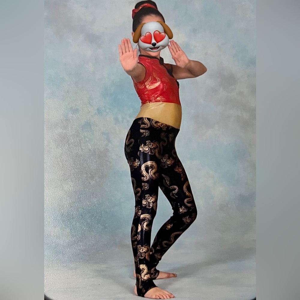 Red and Gold Dance Costume with Black Leggings